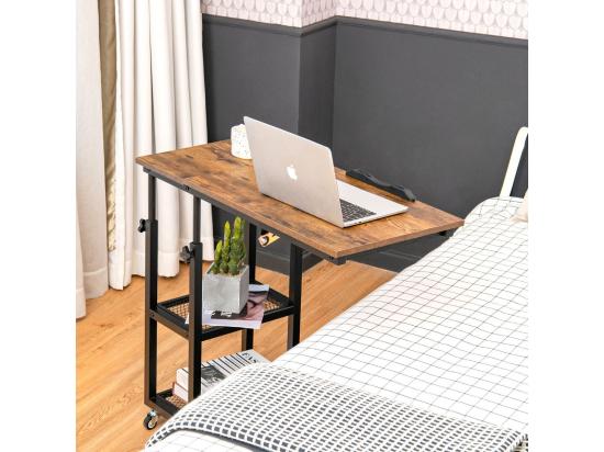 Vente Unique Table D’Appoint Bout De Canapé En Forme C Plateau Réglable En 5 Angles Hauteur Réglable 64-92cm 2 Étagères Table De Lit à Roulette Style Industriel (Brun)