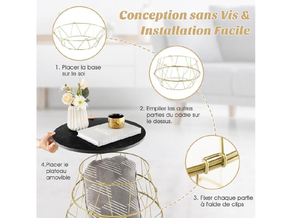 Vente Unique Table D’appoint Bout De Canapé Marbre Noir Avec Cadre En Métal Doré Table Ronde ø40x38