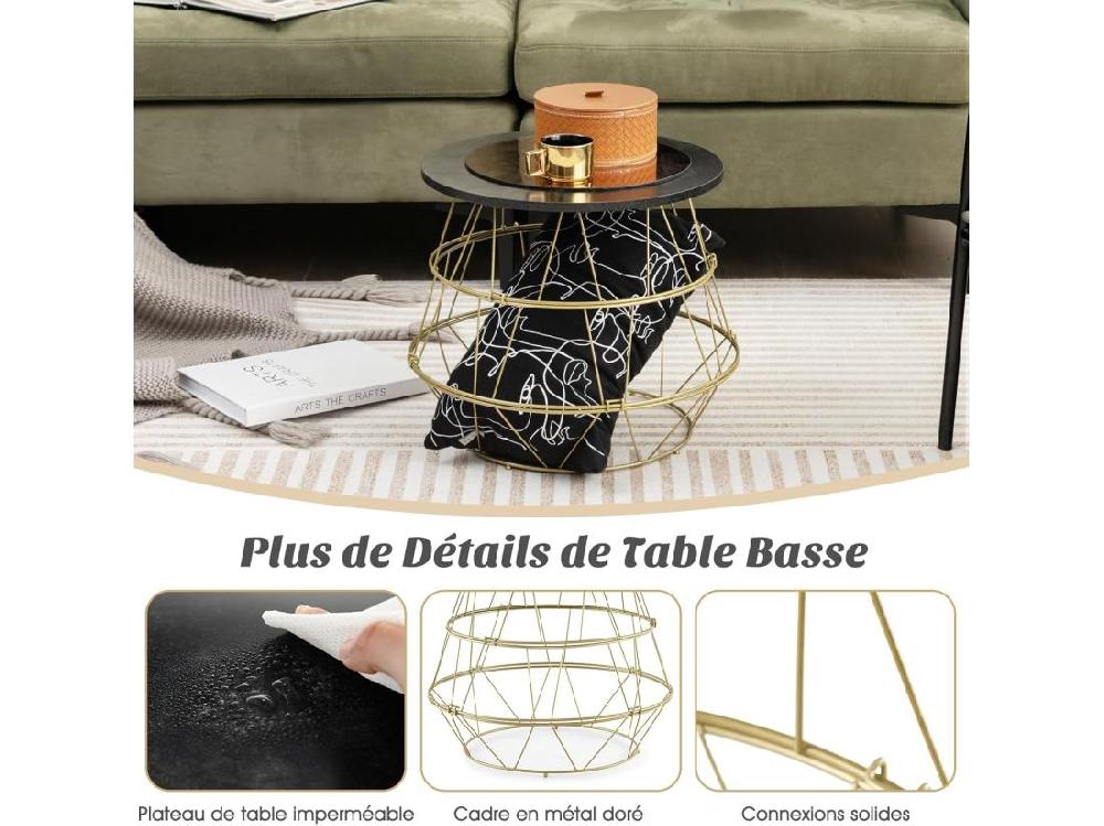 Vente Unique Table D’appoint Bout De Canapé Marbre Noir Avec Cadre En Métal Doré Table Ronde ø40x38