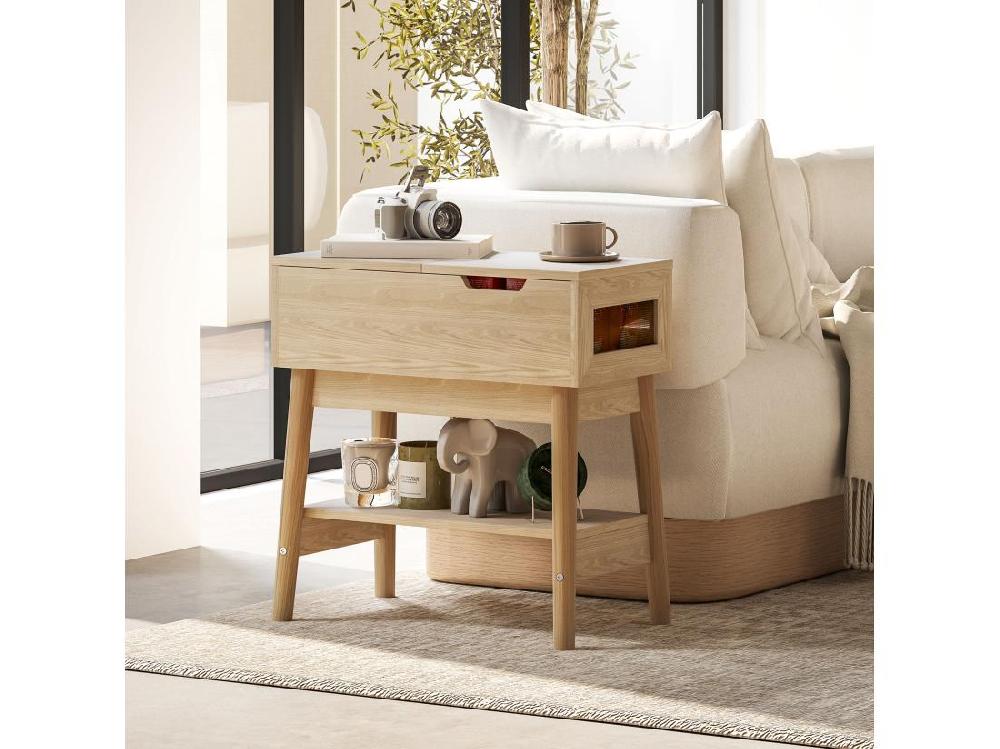 vente unique Table d'appoint bout de canapé style campagne chic - coffre étagère - aspect chêne clair rotin