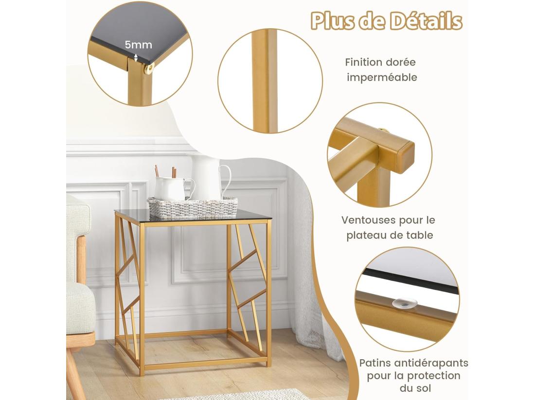 Vente Unique Table D'appoint Carrée Plateau En Verre Trempé Cadre Géométrique Doré 50 X 50 X 55 Cm