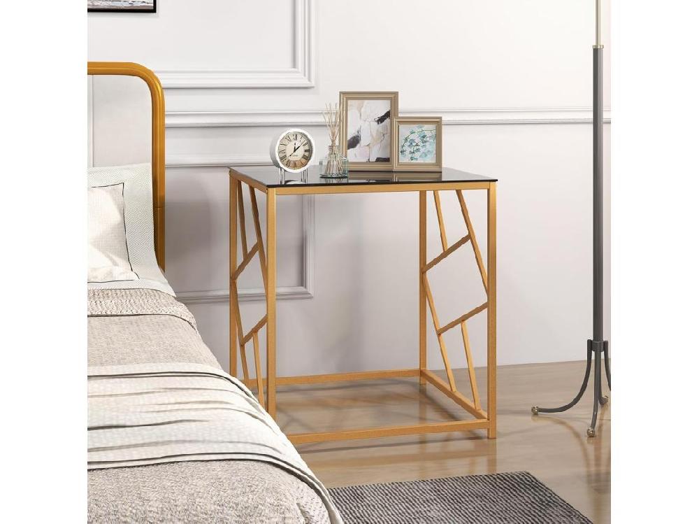Vente Unique Table D'appoint Carrée Plateau En Verre Trempé Cadre Géométrique Doré 50 X 50 X 55 Cm