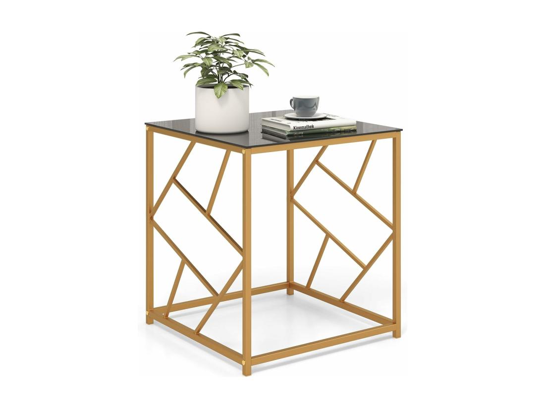 Vente Unique Table D'appoint Carrée Plateau En Verre Trempé Cadre Géométrique Doré 50 X 50 X 55 Cm