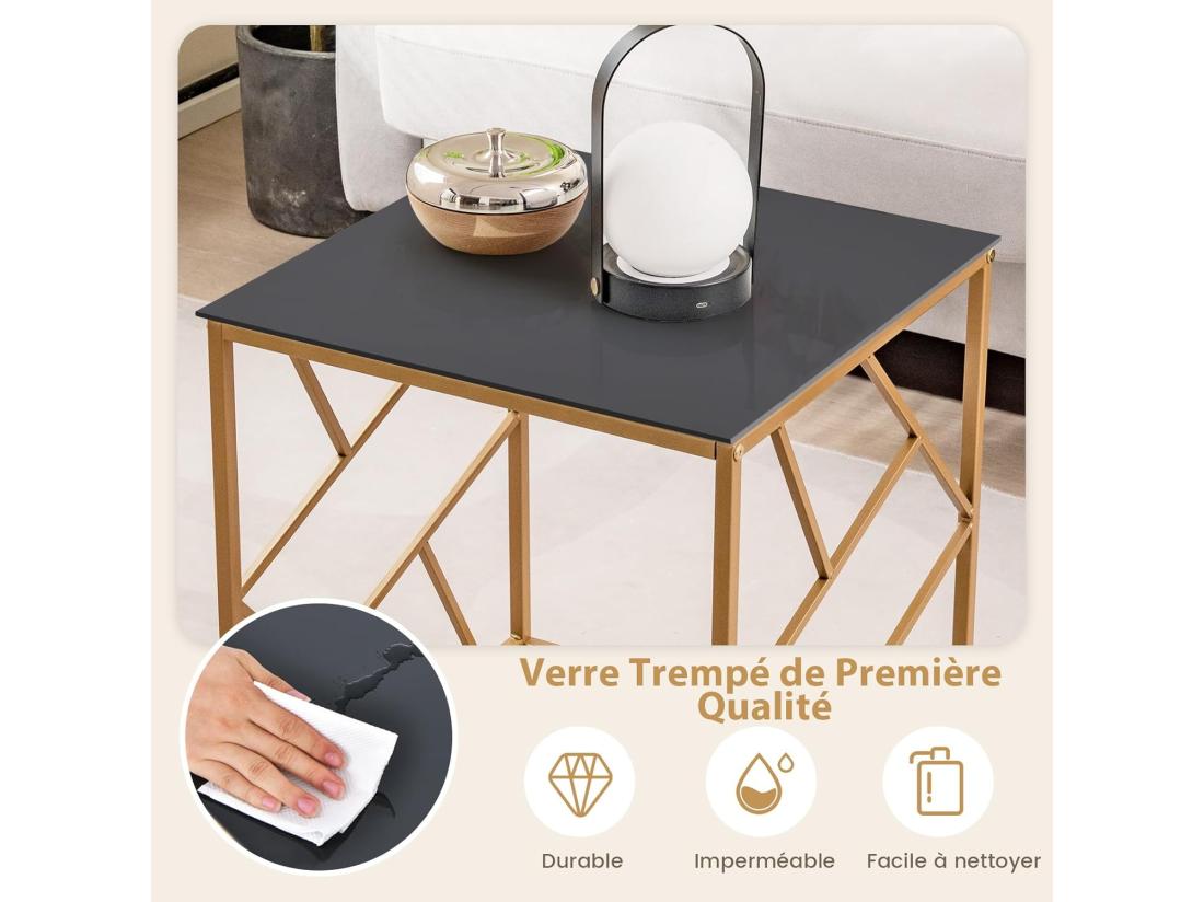 vente unique Table d'appoint carrée plateau en verre trempé cadre géométrique doré 50 x 50 x 55 cm