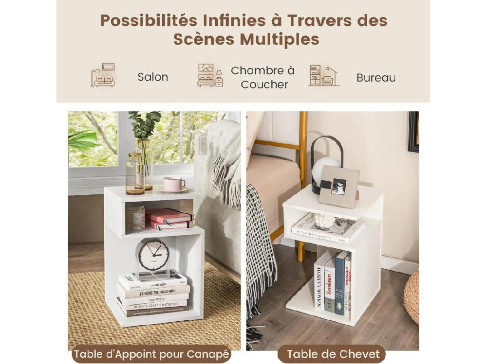 Vente Unique Table D’appoint En Forme ‘s’ Avec 2 Casiers Ouverts Petite Table Basse 3 étagères Blanc