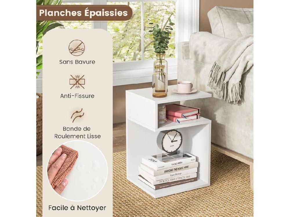 Vente Unique Table D’appoint En Forme ‘s’ Avec 2 Casiers Ouverts Petite Table Basse 3 étagères Blanc