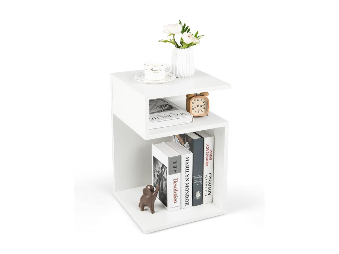 vente unique Table d’appoint en forme ‘s’ avec 2 casiers ouverts petite table basse 3 étagères blanc