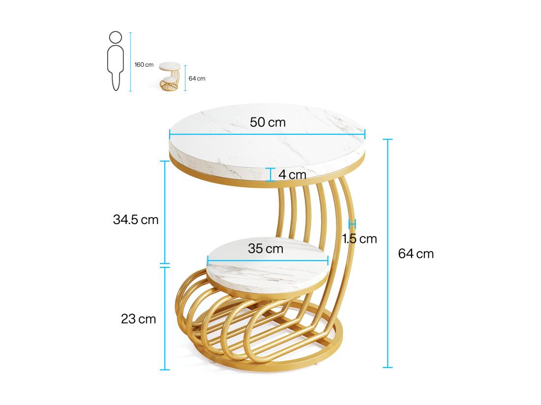 Vente Unique Table D'appoint En Marbre Artificiel à 2 étages Table De Chevet Moderne En Or Blanc Avec Cadre En Forme D'arc En Métal Pour Salon (1PC)