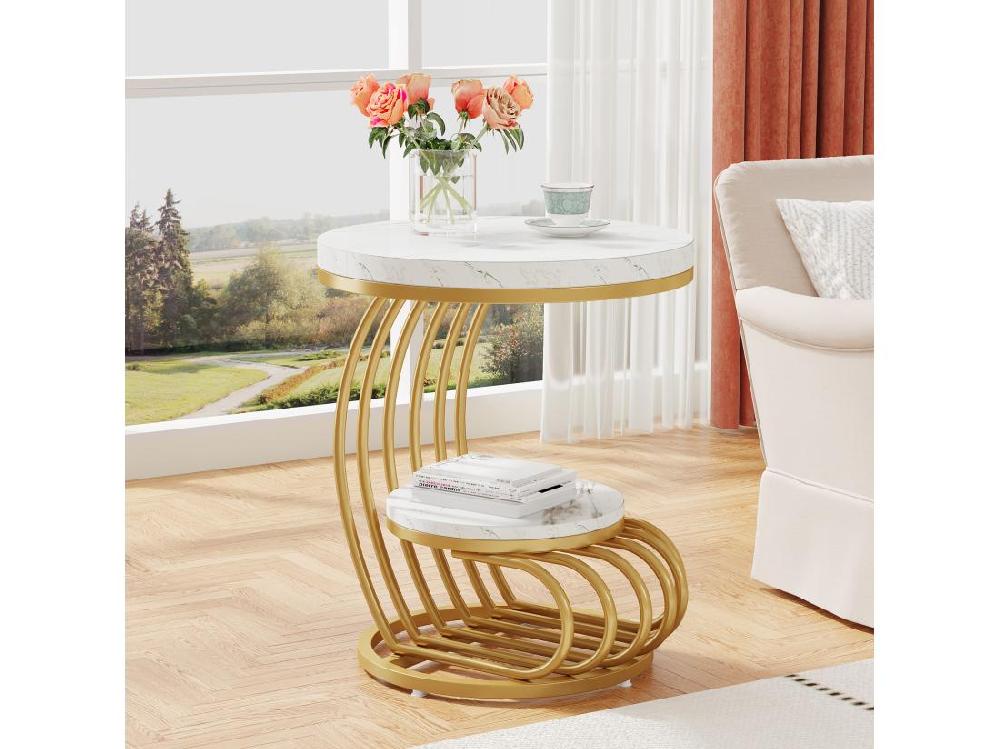 Vente Unique Table D'appoint En Marbre Artificiel à 2 étages Table De Chevet Moderne En Or Blanc Avec Cadre En Forme D'arc En Métal Pour Salon (1PC)