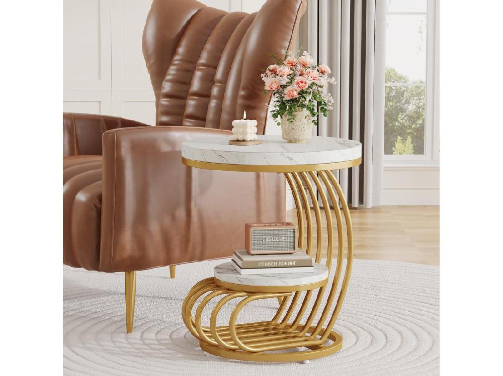 Vente Unique Table D'appoint En Marbre Artificiel à 2 étages Table De Chevet Moderne En Or Blanc Avec Cadre En Forme D'arc En Métal Pour Salon (1PC)