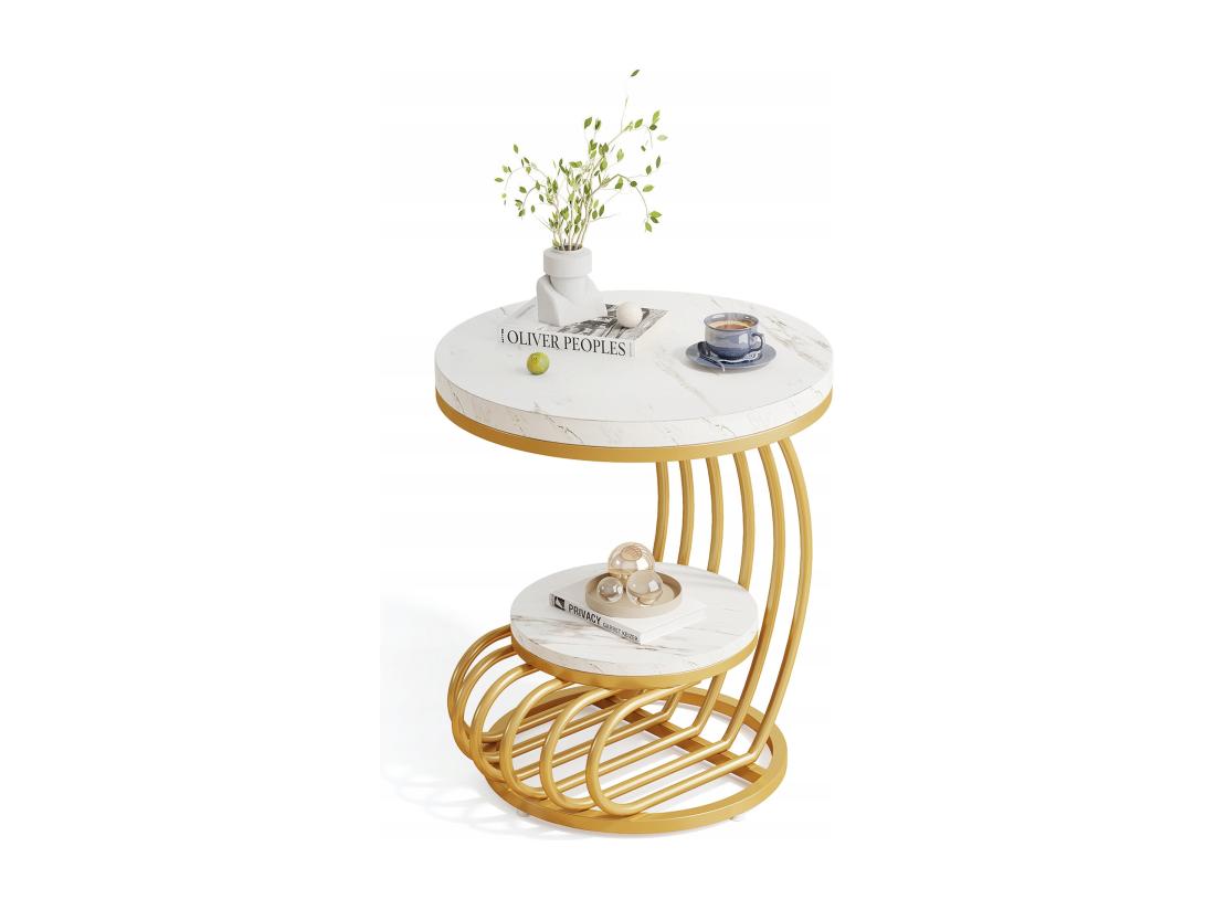 vente unique Table d'appoint en marbre Artificiel à 2 étages Table de Chevet Moderne en Or Blanc avec Cadre en Forme d'arc en métal pour Salon (1PC)