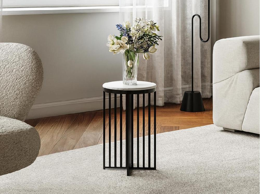 vente unique Table d'appoint en marbre et métal - Blanc et noir - LILEA