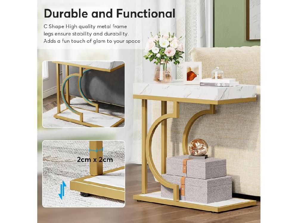 Vente Unique Table D'appoint étroite En Or Blanc - Table D'appoint En Forme De C - Table De Chevet Moderne
