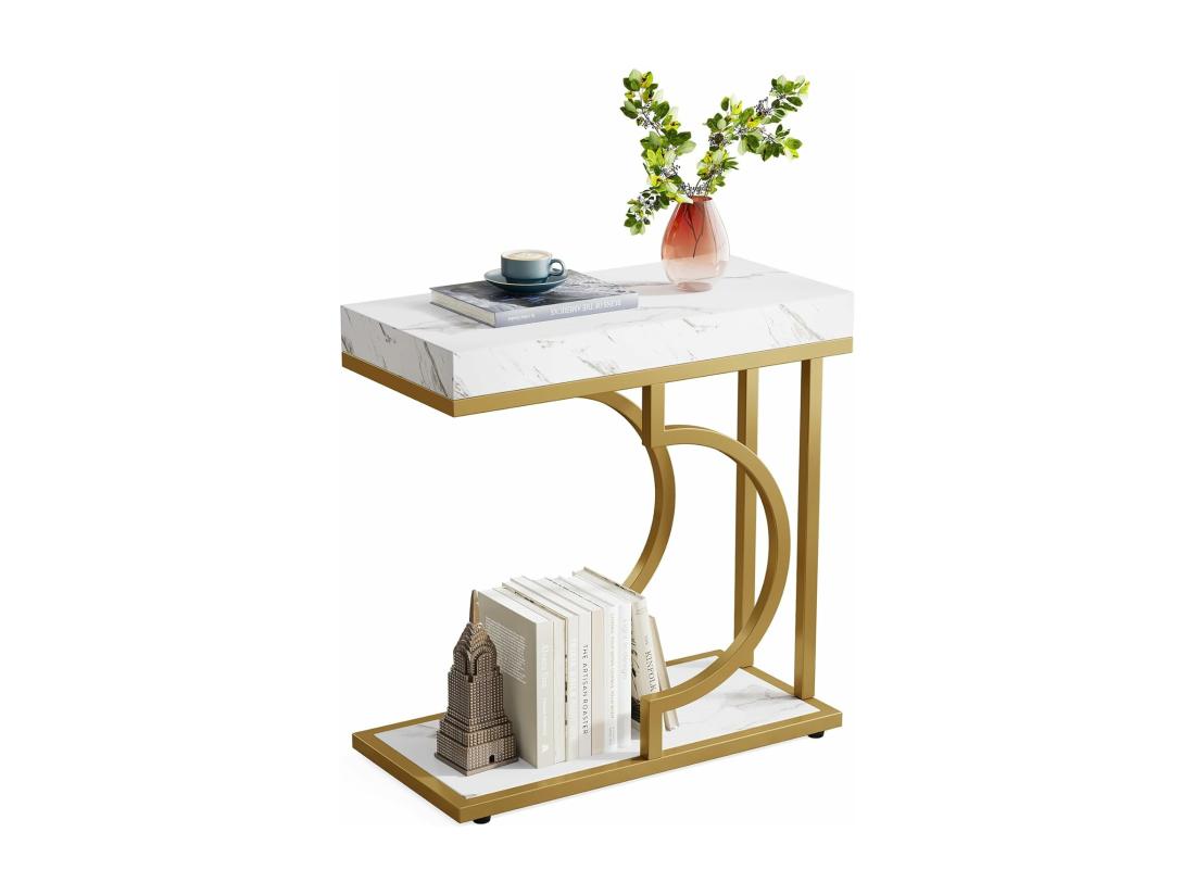 vente unique Table d'appoint étroite en Or Blanc - Table d'appoint en Forme de C - Table de Chevet Moderne