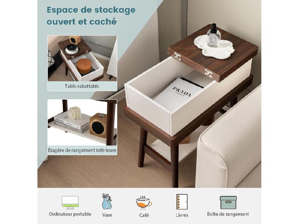 Vente Unique Table D’Appoint Plateau Rabattable à 2 Niveaux Avec 4 Pieds En Bois En Caoutchouc 60 X 30 X 59 Cm