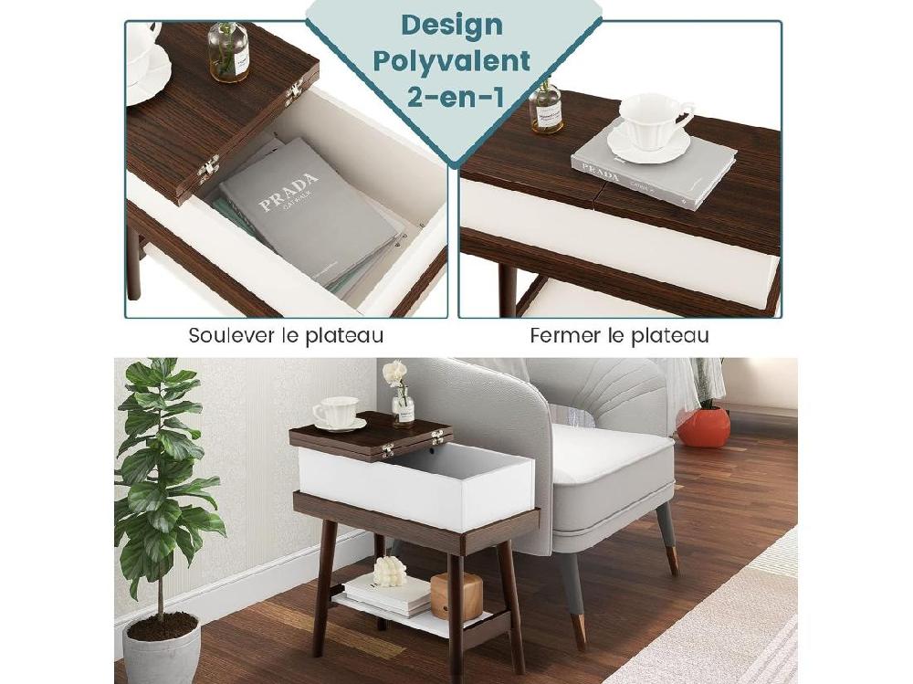 Vente Unique Table D’Appoint Plateau Rabattable à 2 Niveaux Avec 4 Pieds En Bois En Caoutchouc 60 X 30 X 59 Cm