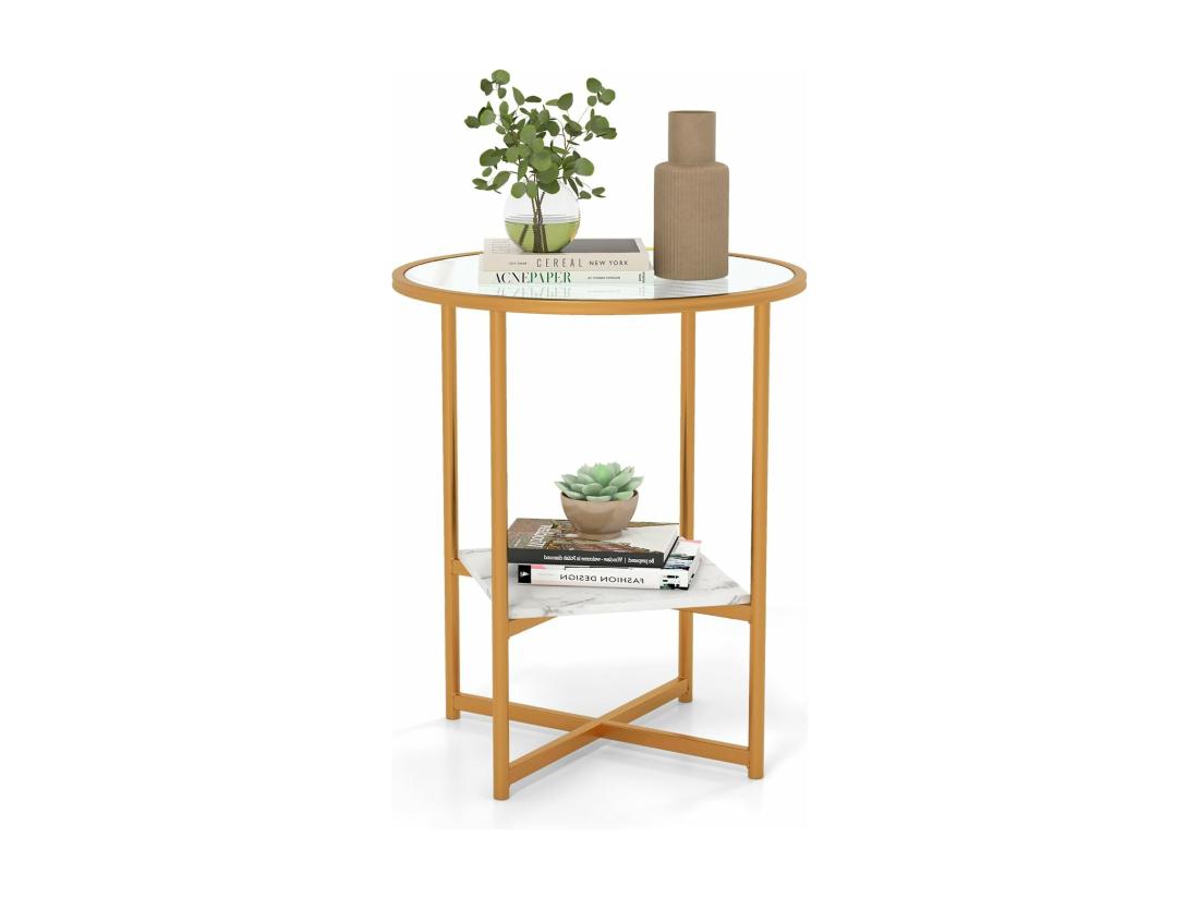 Vente Unique Table D'Appoint Ronde Bout De Canapé En Verre Trempé Ondulé Cadre En Métal Doré Étagère En Faux Marbre Petite Table Basse Salon Moderne 50 X 50 X 60 Cm