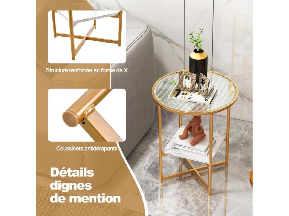 Vente Unique Table D'Appoint Ronde Bout De Canapé En Verre Trempé Ondulé Cadre En Métal Doré Étagère En Faux Marbre Petite Table Basse Salon Moderne 50 X 50 X 60 Cm