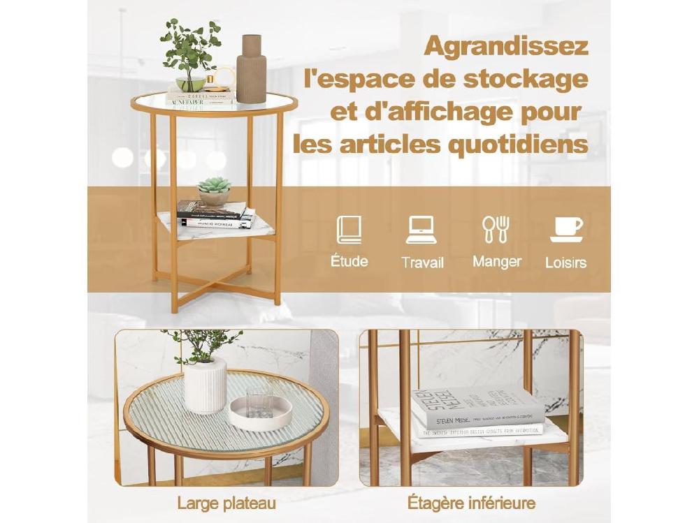 Vente Unique Table D'Appoint Ronde Bout De Canapé En Verre Trempé Ondulé Cadre En Métal Doré Étagère En Faux Marbre Petite Table Basse Salon Moderne 50 X 50 X 60 Cm