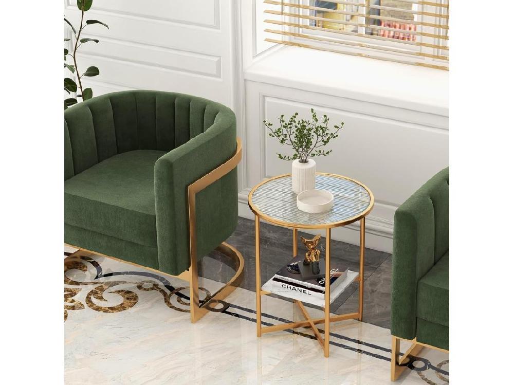 vente unique Table d'Appoint Ronde Bout de Canapé en Verre Trempé Ondulé Cadre en Métal Doré Étagère en Faux Marbre Petite Table Basse Salon Moderne 50 x 50 x 60 cm