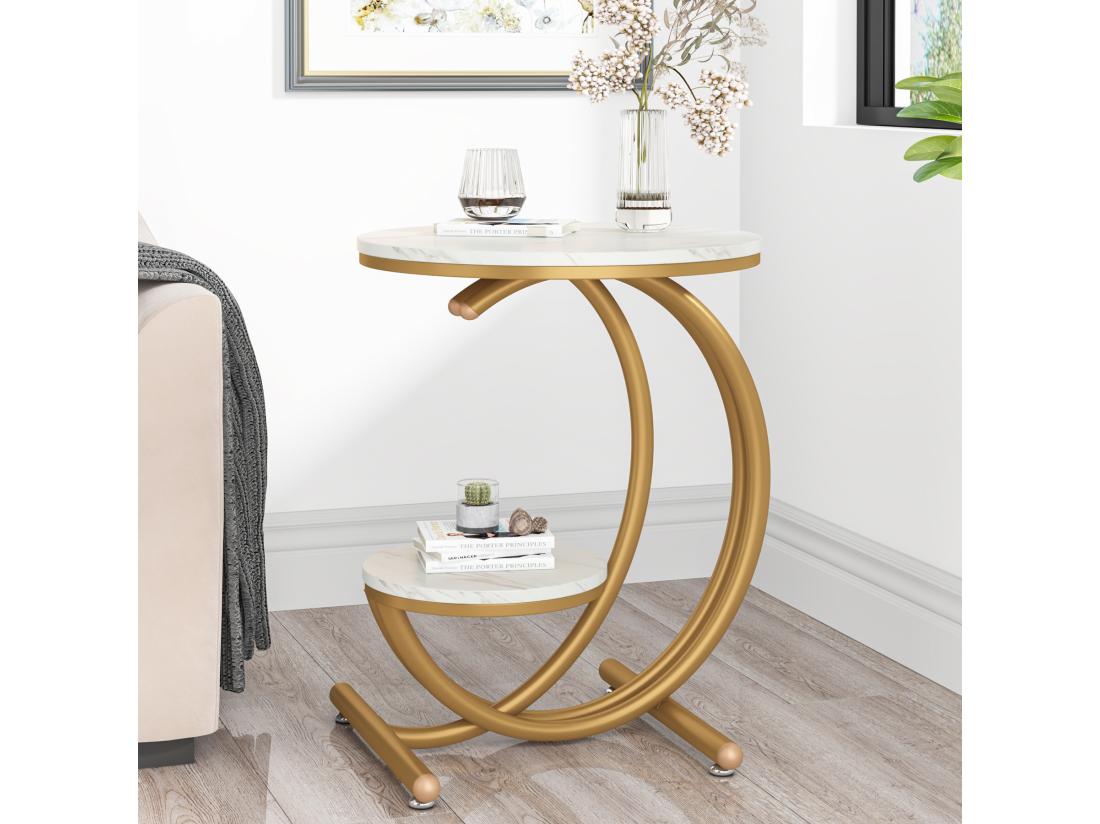 Vente Unique Table D'appoint Ronde Moderne à 2 Niveaux Avec Cadre En Forme De C Petite Table D'appoint Basse Blanc/doré (1)