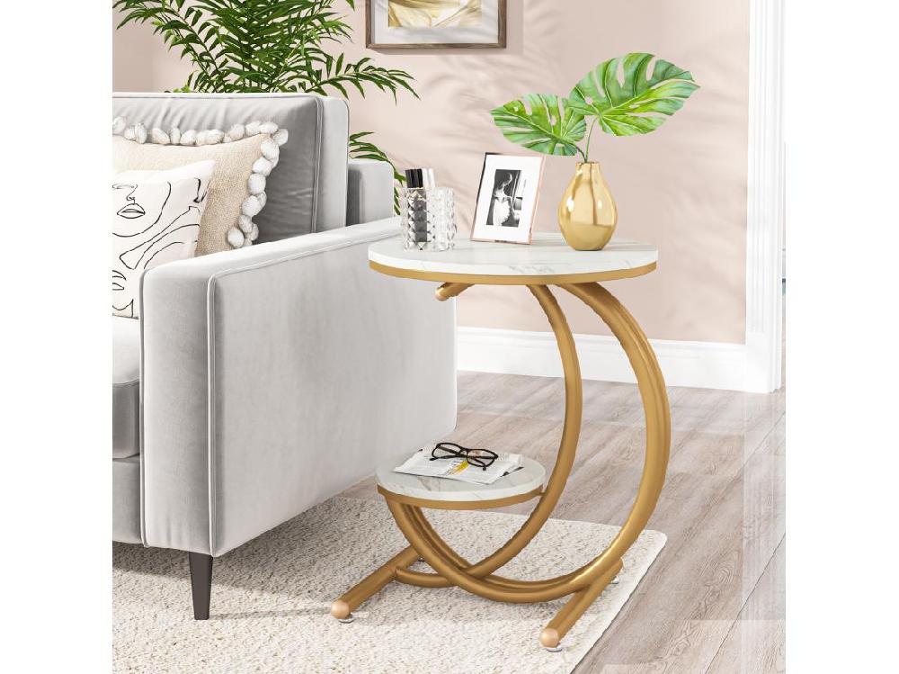 Vente Unique Table D'appoint Ronde Moderne à 2 Niveaux Avec Cadre En Forme De C Petite Table D'appoint Basse Blanc/doré (1)