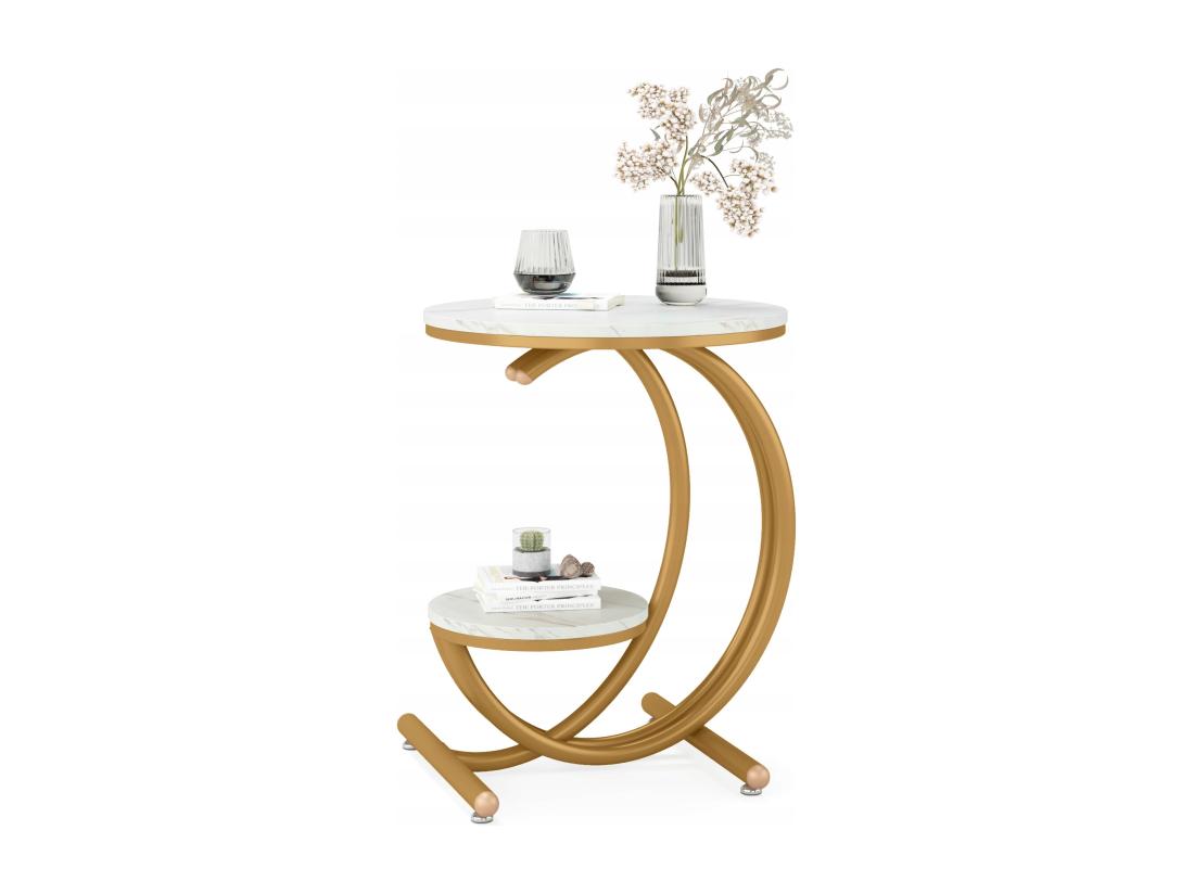 vente unique Table d'appoint Ronde Moderne à 2 Niveaux avec Cadre en Forme de C Petite Table d'appoint Basse Blanc/doré (1)