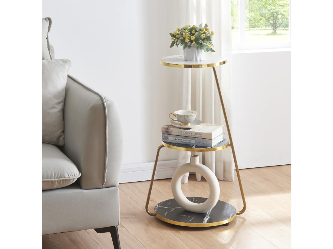 Vente Unique Table D'appoint Sipoo à 3 Niveaux 74 X 46 X 37 Cm Marbre Noir / Marbre Blanc / Doré [en.casa]