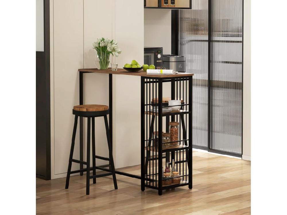 Vente Unique Table De Bar 3 étagères Style Industriel Acier Noir Aspect Panneaux Aspect Bois