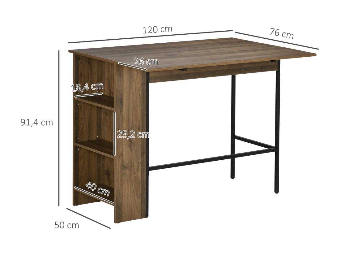 Vente Unique Table De Bar Extensible Design Industriel - 3 étagères Intégrées - Châssis Métal Noir Aspect Bois De Noyer