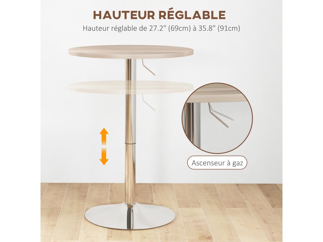 Vente Unique Table De Bar Ronde Ø 60 Cm Table Bistro Chic Hauteur Réglable 69-91 Cm Acier Chromé Aspect Bois Clair
