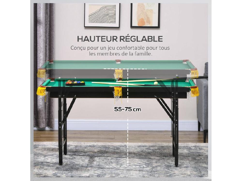 Vente Unique Table De Billard Pliable Hauteur Réglable Avec Accessoires - Dim. 140L X 60l X 55-75H Cm - Vert