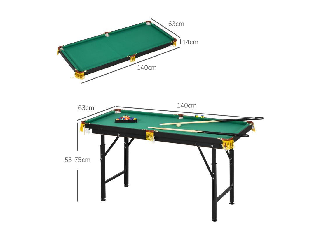 vente unique Table de billard pliable hauteur réglable avec accessoires - dim. 140L x 60l x 55-75H cm - vert