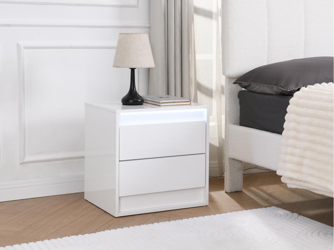 vente unique Table de chevet 2 tiroirs - Avec LEDs - MDF - Blanc - RUKALO