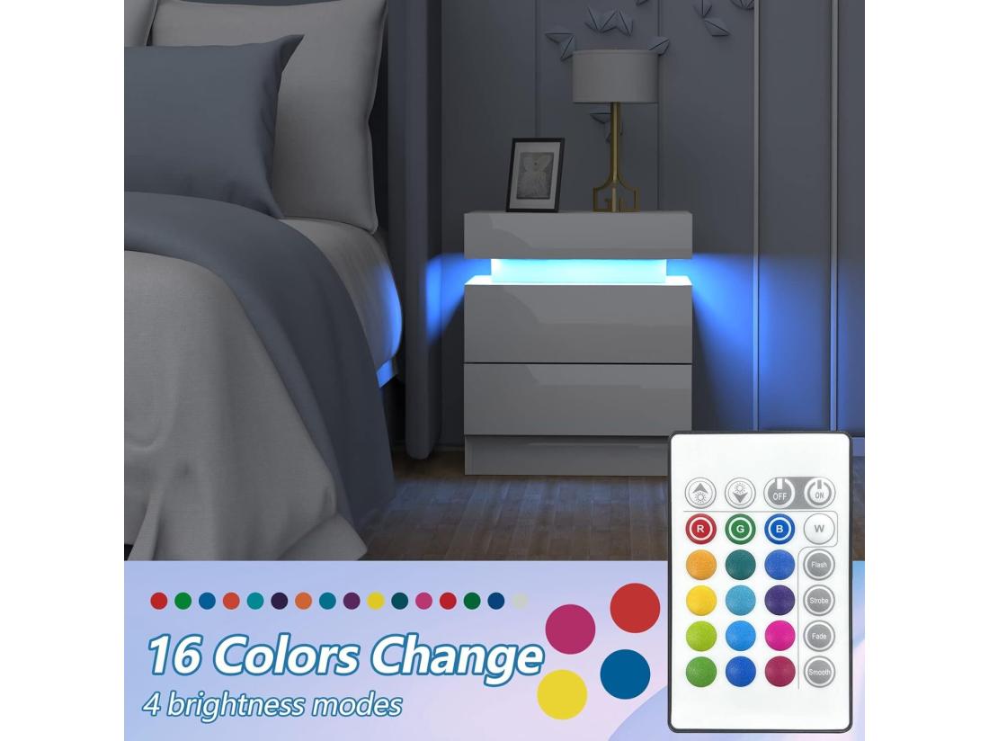 Vente Unique Table De Chevet Haute Brillance Avec LED Lumières Armoire Commode 2 Tiroirs Table De Nuit Meuble De Chambre - 45x35x52cm - Blanc