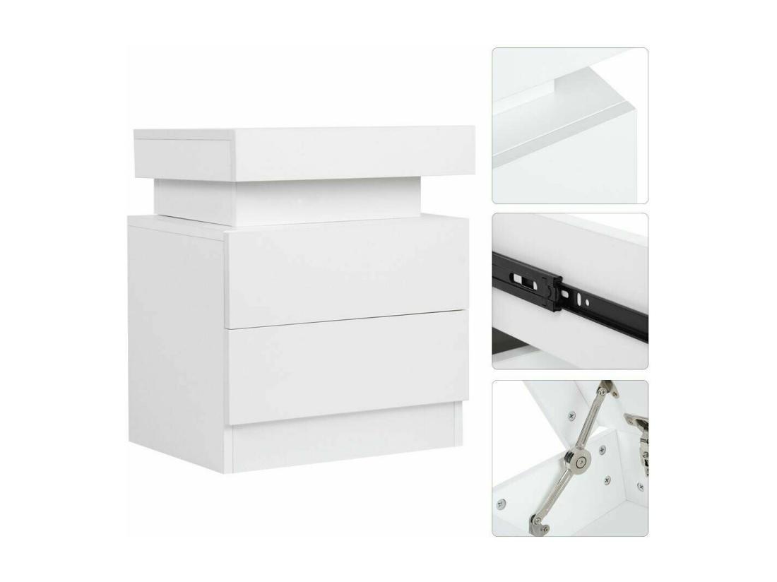 Vente Unique Table De Chevet Haute Brillance Avec LED Lumières Armoire Commode 2 Tiroirs Table De Nuit Meuble De Chambre - 45x35x52cm - Blanc