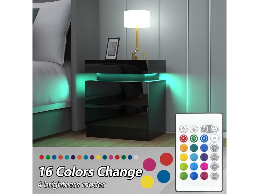 Vente Unique Table De Chevet Haute Brillance Avec LED Lumières Armoire Commode 2 Tiroirs Table De Nuit Meuble De Chambre - 45x35x52cm - Noir