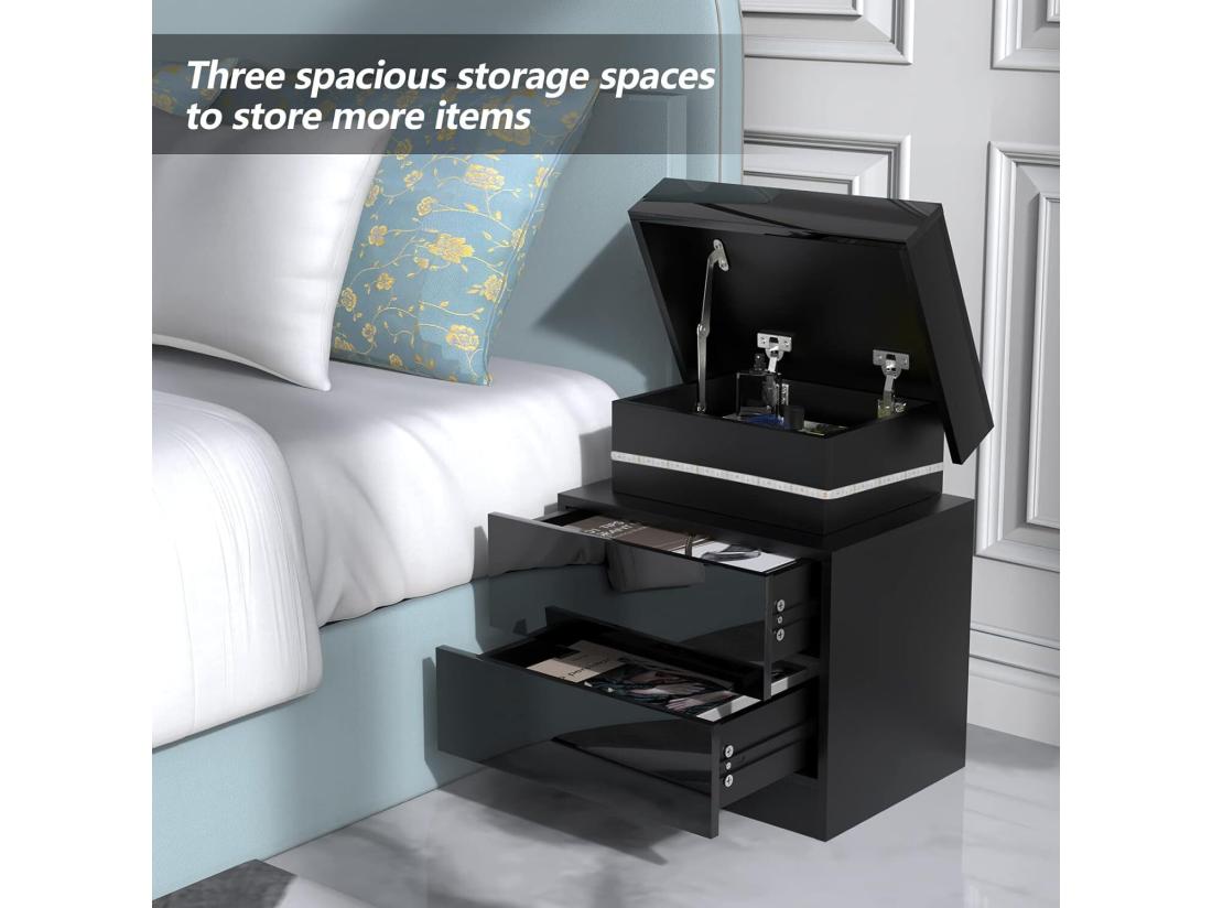 Vente Unique Table De Chevet Haute Brillance Avec LED Lumières Armoire Commode 2 Tiroirs Table De Nuit Meuble De Chambre - 45x35x52cm - Noir