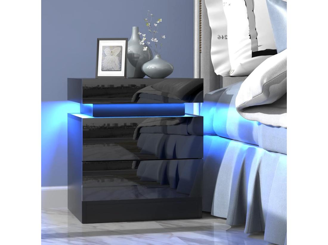 vente unique Table de chevet Haute Brillance avec LED Lumières Armoire Commode 2 Tiroirs Table de Nuit Meuble de chambre - 45x35x52cm - Noir