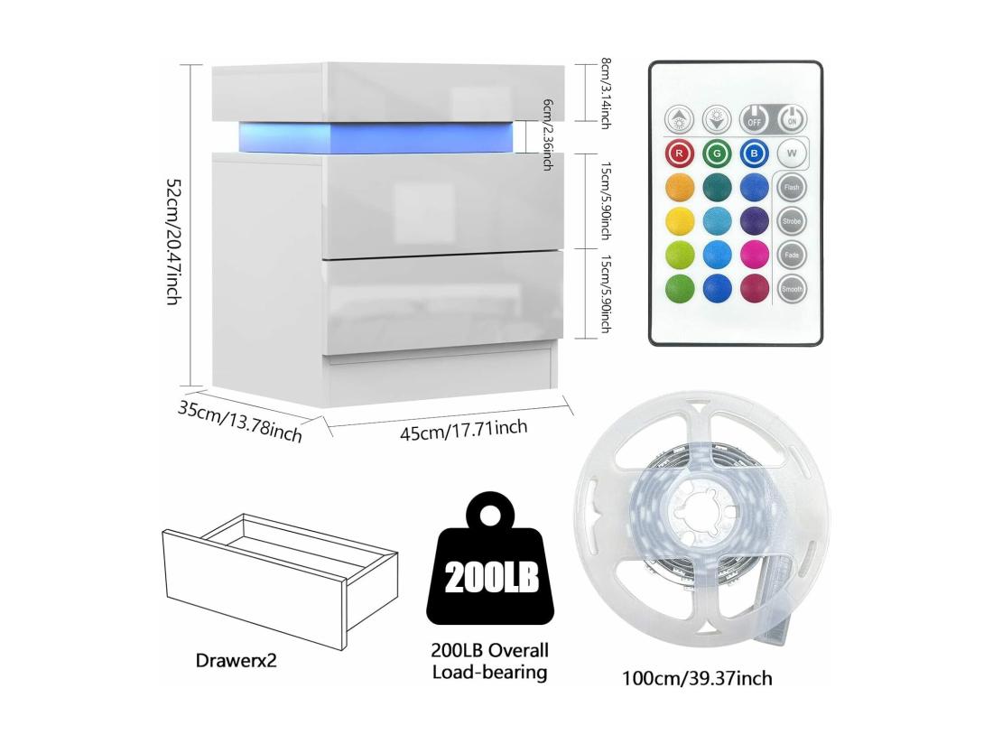 Vente Unique Table De Chevet Haute Brillance Avec LED Lumières Armoire Commode 2 Tiroirs Table De Nuit Meuble De Chambre - 45x35x52cm - Blanc