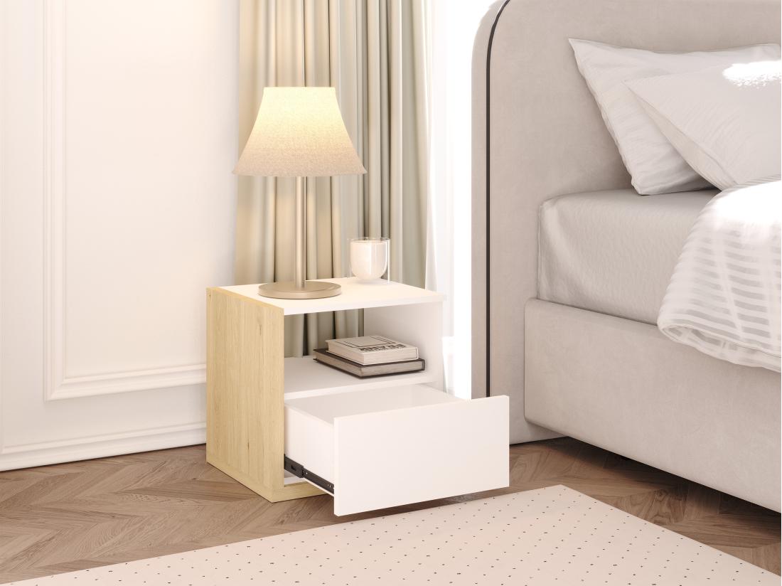 Vente Unique Table De Chevet Scandinave - 1 Tiroir Et 1 Niche - Blanc Et Naturel - NAPOLI II