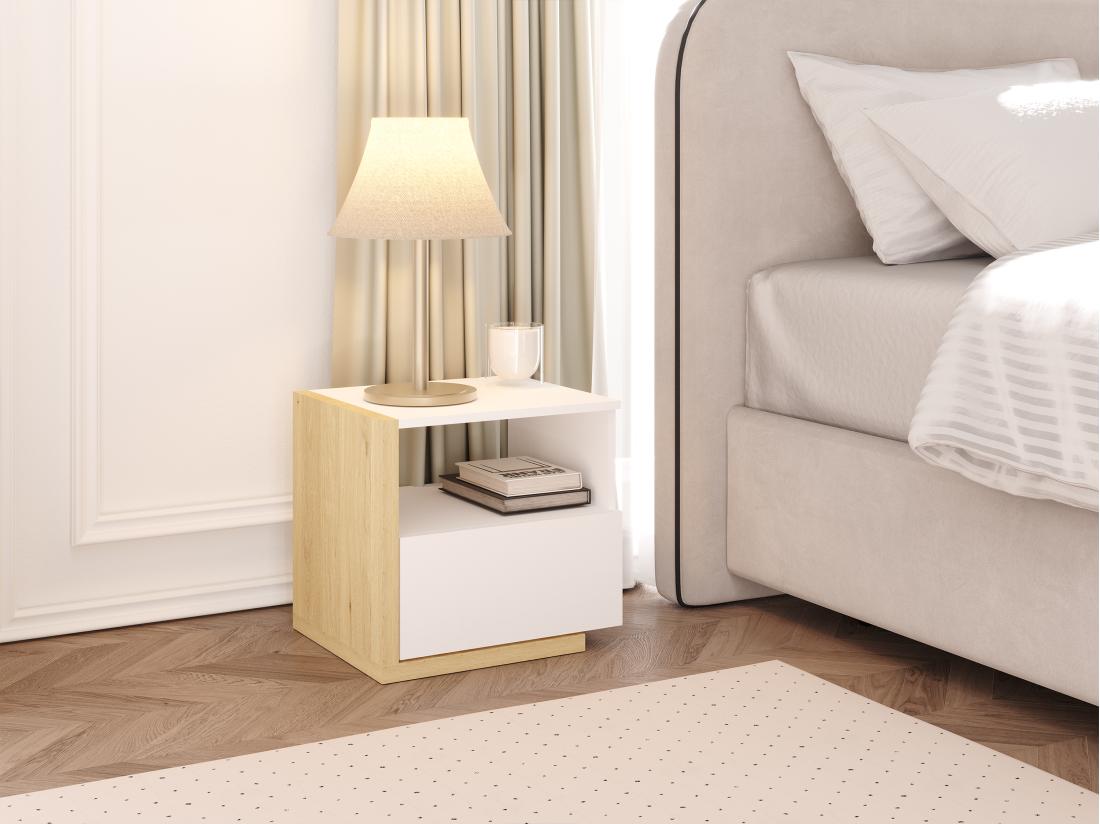 vente unique Table de chevet scandinave - 1 tiroir et 1 niche - Blanc et naturel - NAPOLI II
