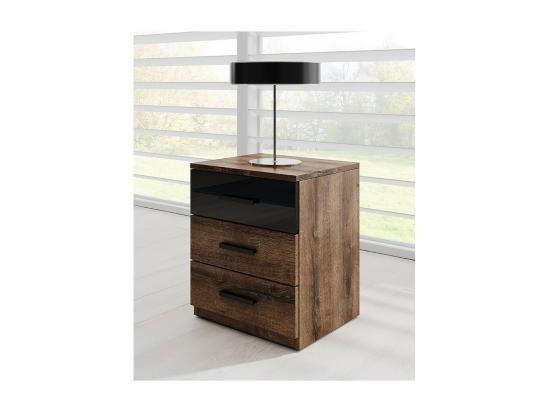 Vente Unique Table De Chevet Trois Tiroirs Collection FLOYD. Coloris Chêne Foncé Et Noir Brillant