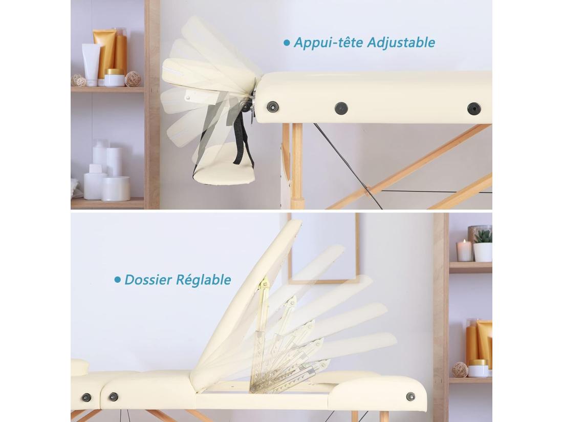 Vente Unique Table De Massage Canapé De Massage Pliante Bois 3 Sections Lit Professionnel Cosmétique Esthetique Hauteur Réglable 215x60cm - Beige