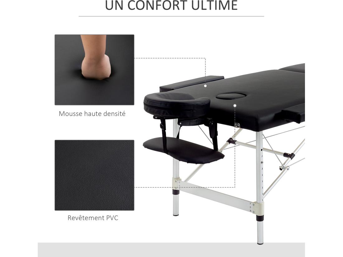 Vente Unique Table De Massage Pliable 3 Zones Hauteur Réglable Dim. 185L X 70l X 59-84H Cm Sac Transport Alu. Synthétique PVC Noir