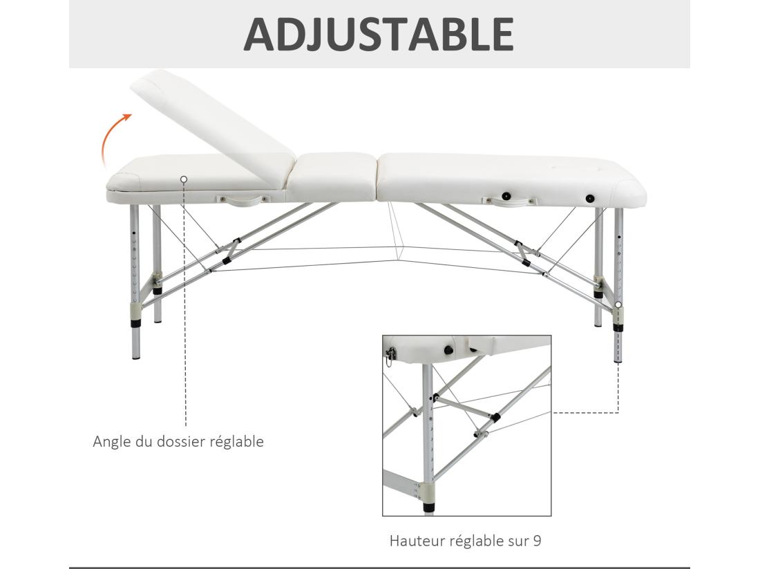 Vente Unique Table De Massage Pliable 3 Zones Hauteur Réglable Dim. 215L X 60l X 61-84H Cm Alu. Synthétique PVC Blanc