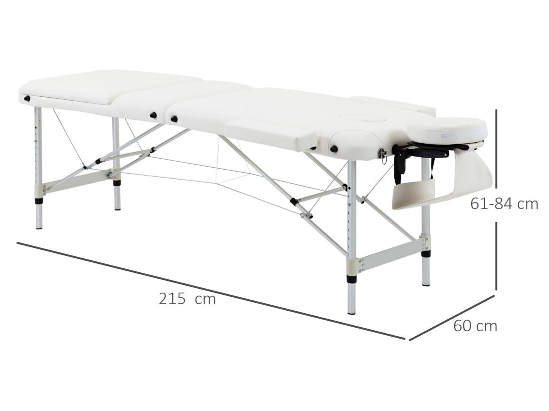vente unique Table de massage pliable 3 zones hauteur réglable dim. 215L x 60l x 61-84H cm alu. synthétique PVC blanc