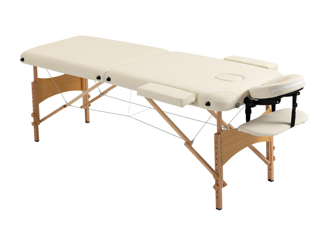 Vente Unique Table De Massage Pliante Lit Table De Beauté 2 Zones Portable Sac De Tranport Inclus Hauteur Réglable Dim. 182L X 60l X 61-87H Cm Bois Massif Revêtement Synthétique Crème