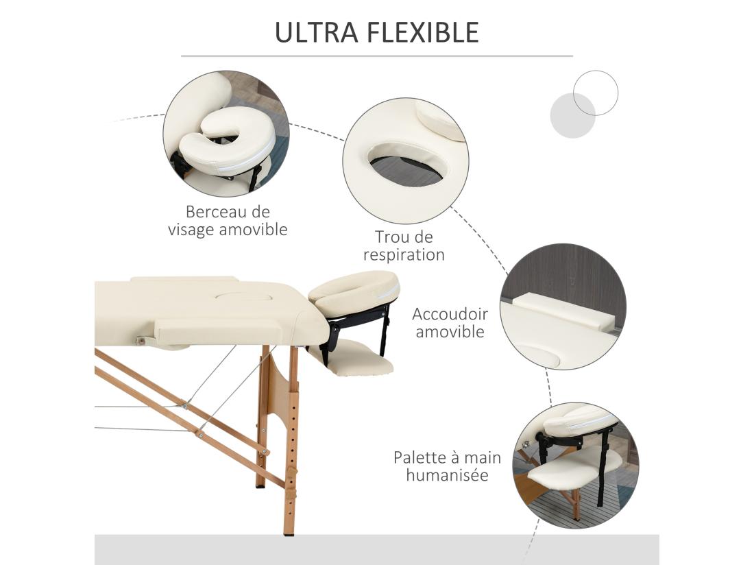 Vente Unique Table De Massage Pliante Lit Table De Beauté 2 Zones Portable Sac De Tranport Inclus Hauteur Réglable Dim. 182L X 60l X 61-87H Cm Bois Massif Revêtement Synthétique Crème
