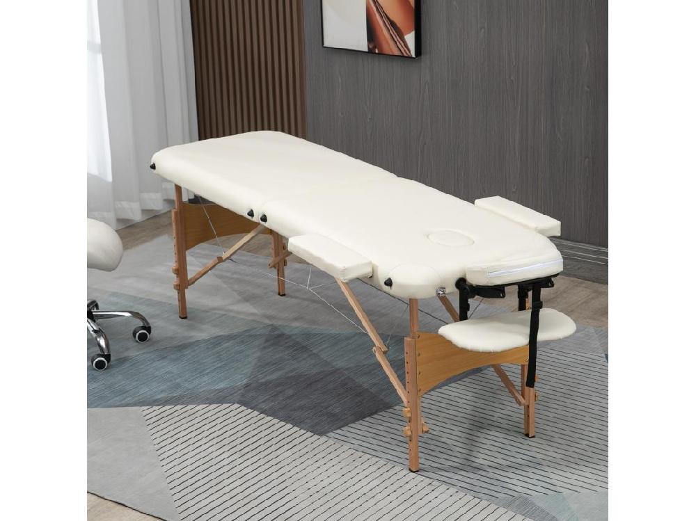 vente unique Table de massage pliante lit table de beauté 2 zones portable sac de tranport inclus hauteur réglable dim. 182L x 60l x 61-87H cm bois massif revêtement synthétique crème